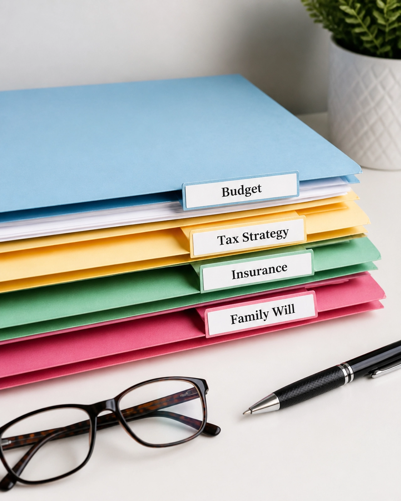 Organized file folders for budget, taxes, and insurance