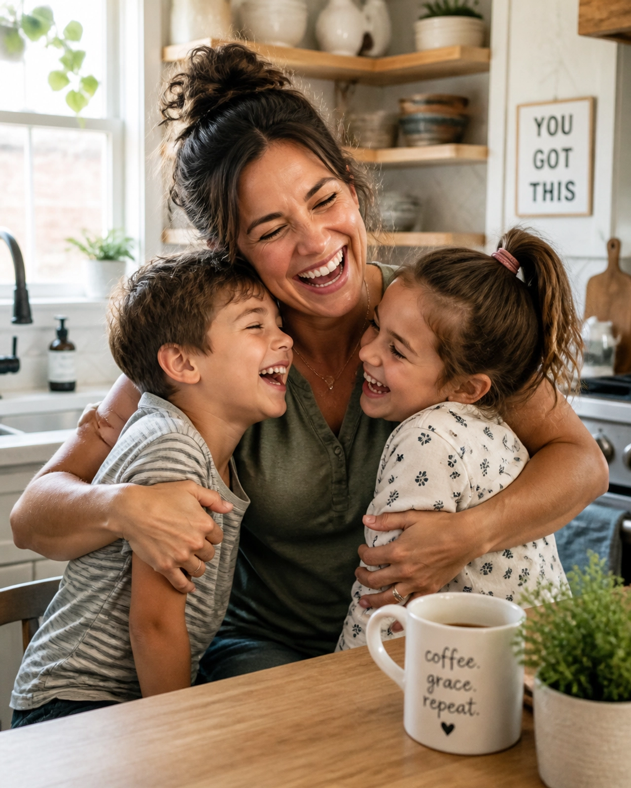 A refreshed and happy mom hugging her children.