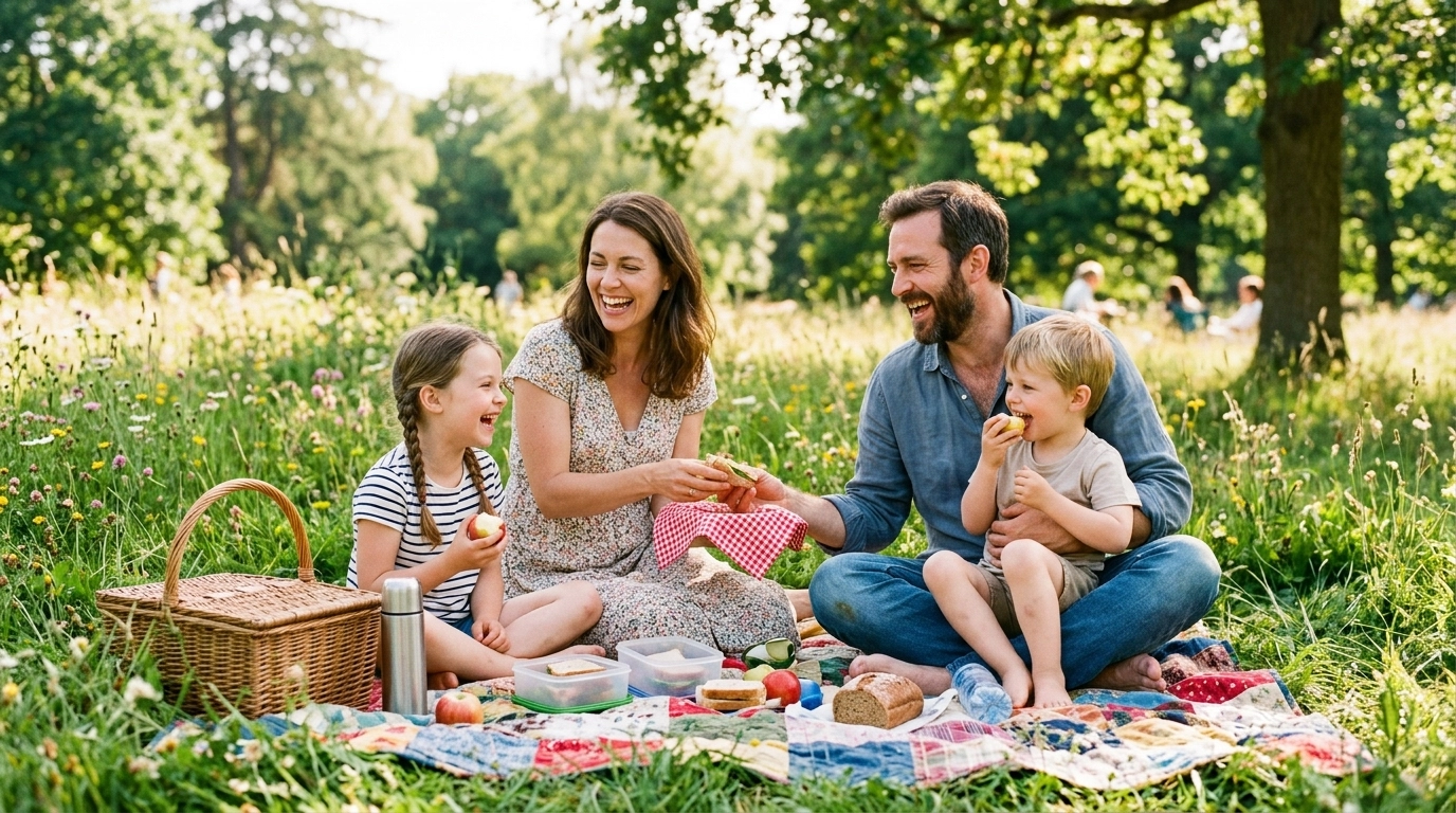 A traditional family enjoying a joyful picnic in a park