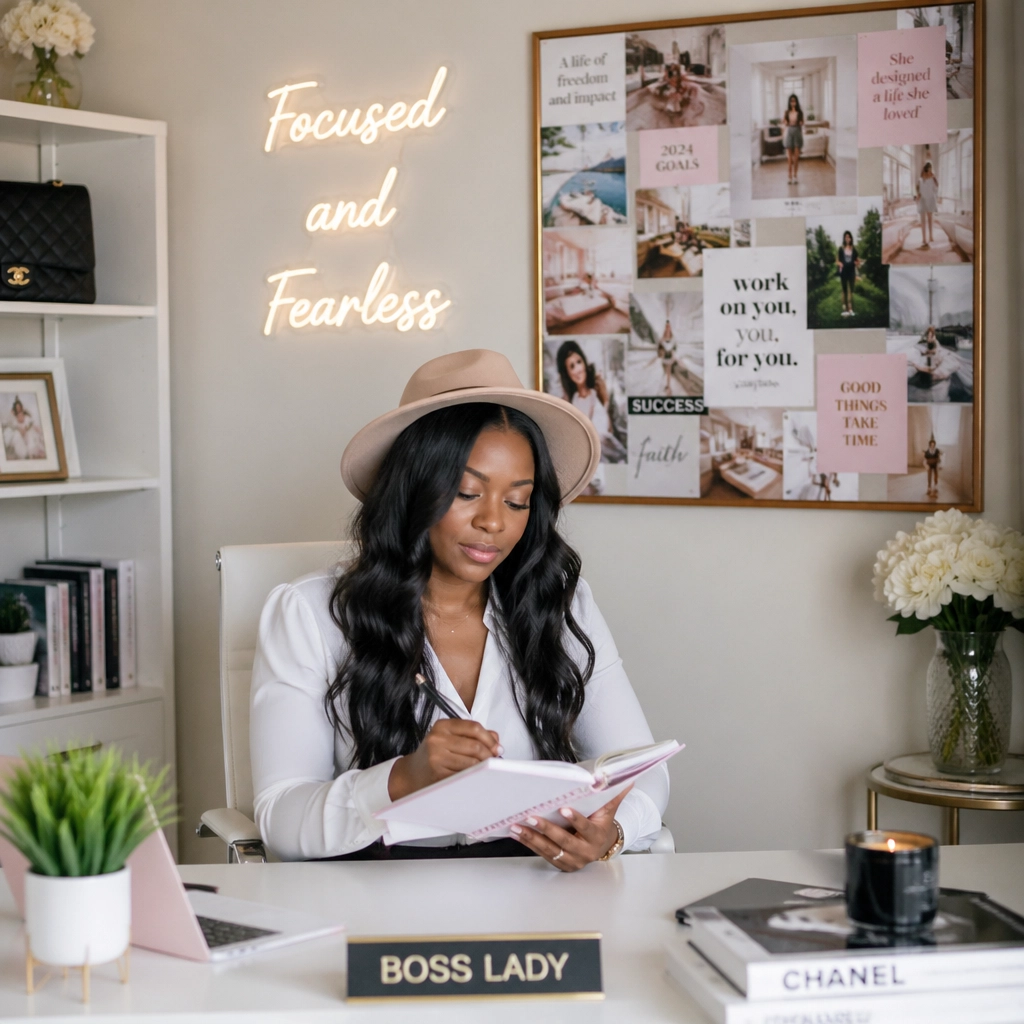 A determined single mom working from her home office, focused on her future and her family.