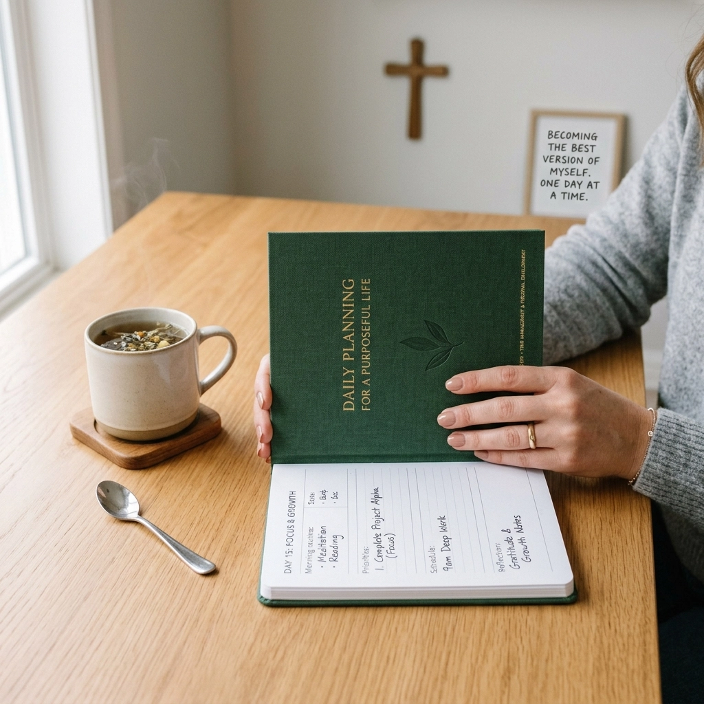 Hands holding a goal planner on a clean table