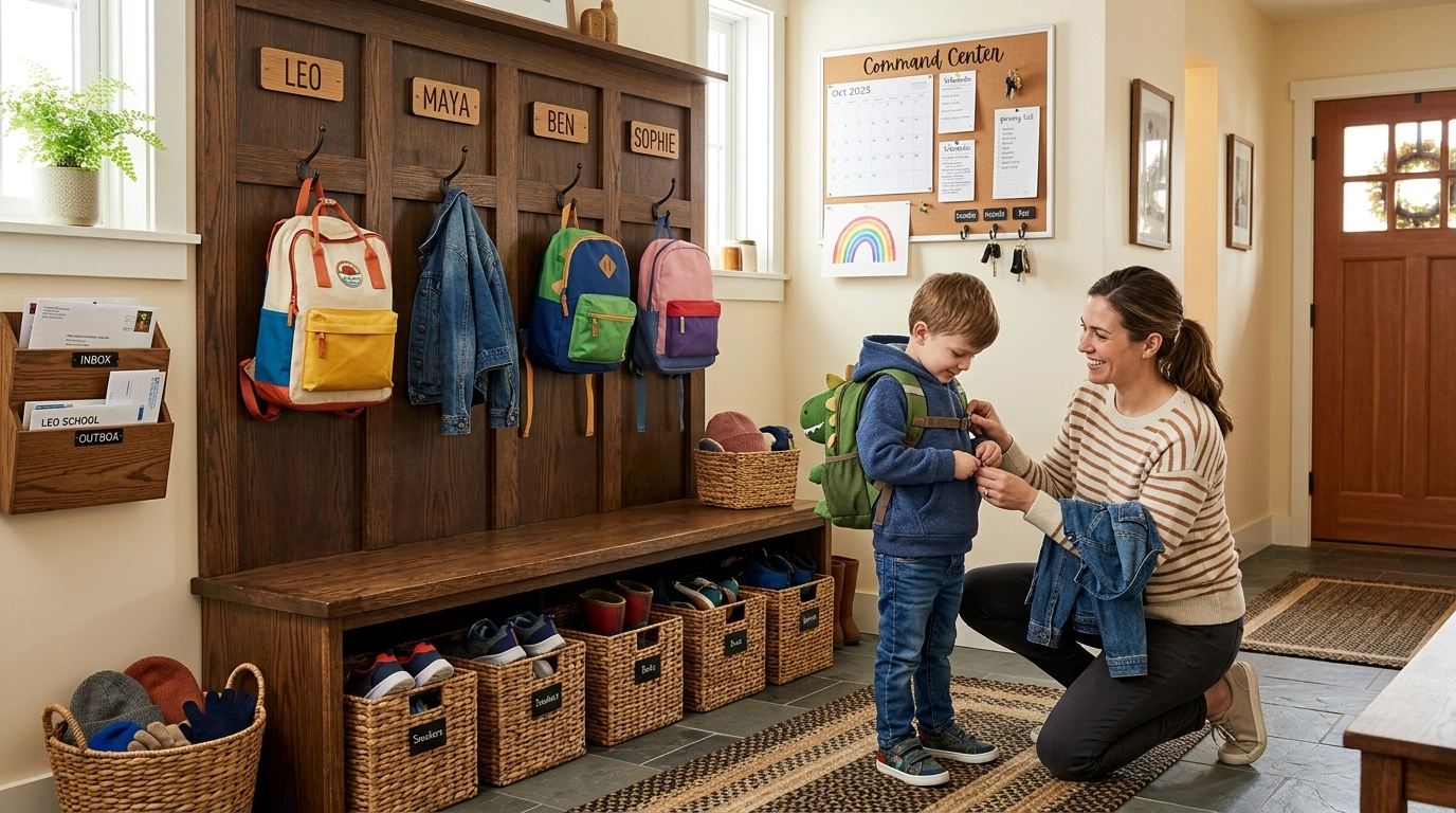 A mudroom section of a command center with hooks for backpacks and a mom helping her son.