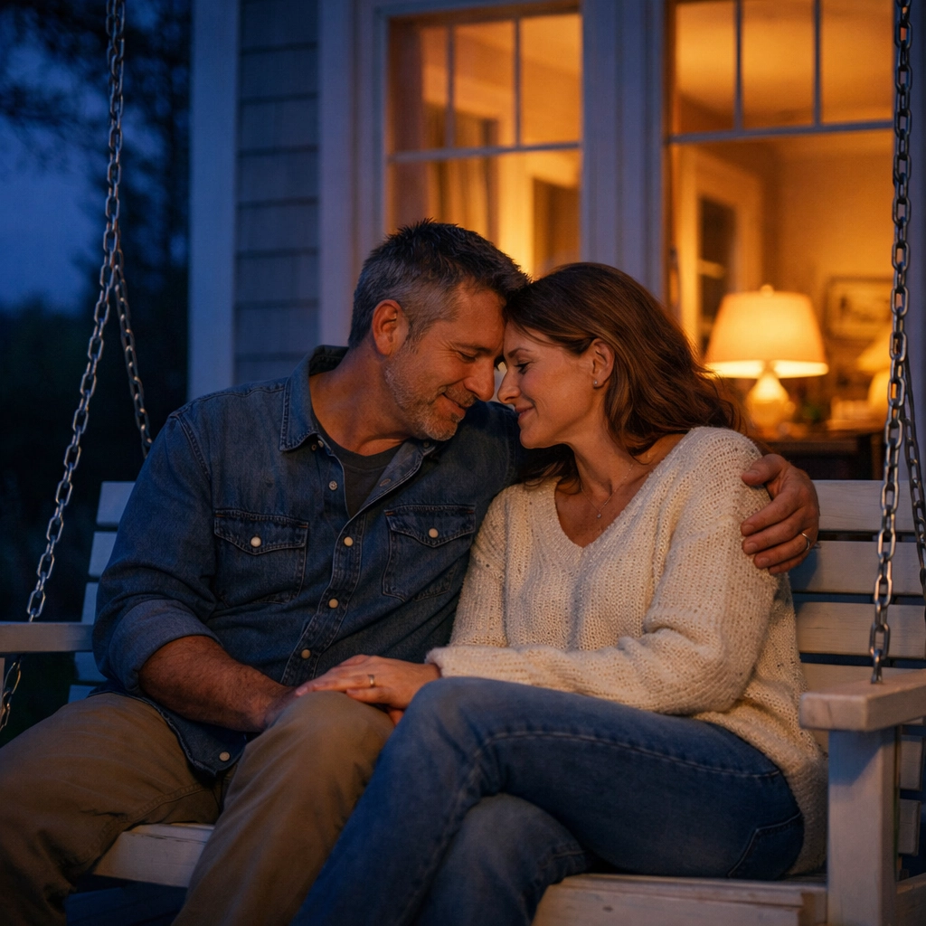 A couple relaxing on a porch swing as part of an evening reset for balanced living and connection.