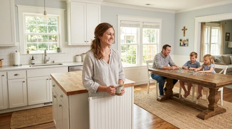 A woman stands in a bright kitchen holding a mug, smiling. In the background, a man and two children sit at a wooden table working on a puzzle together in a cozy dining area.