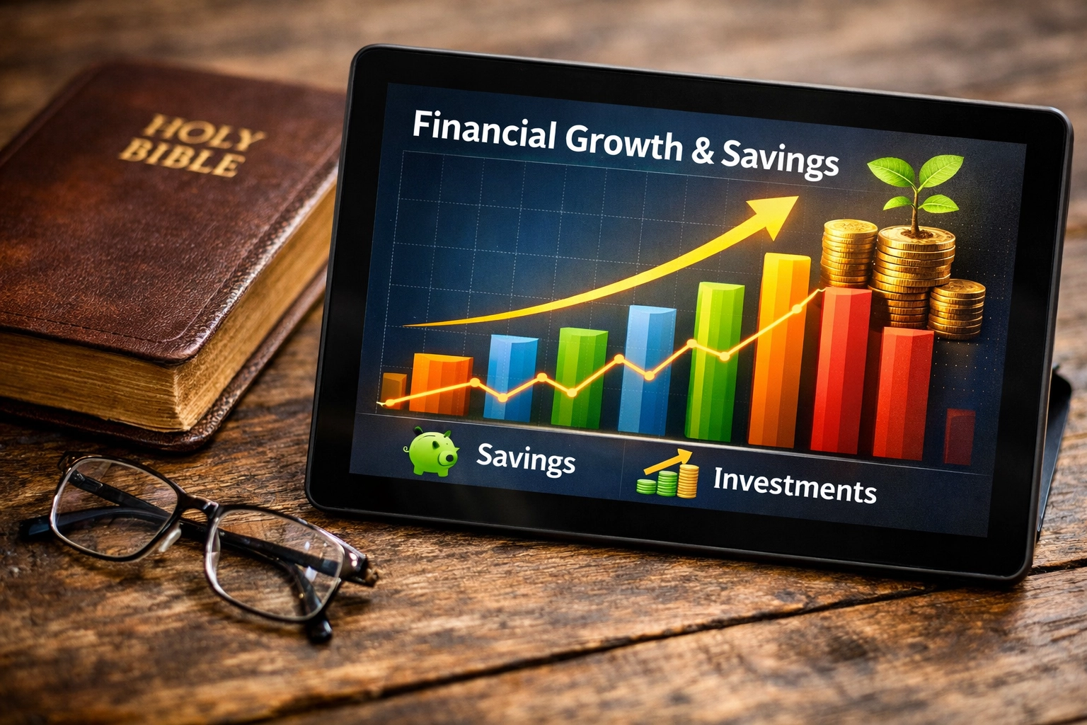 A digital tablet showing a financial growth chart next to a Bible