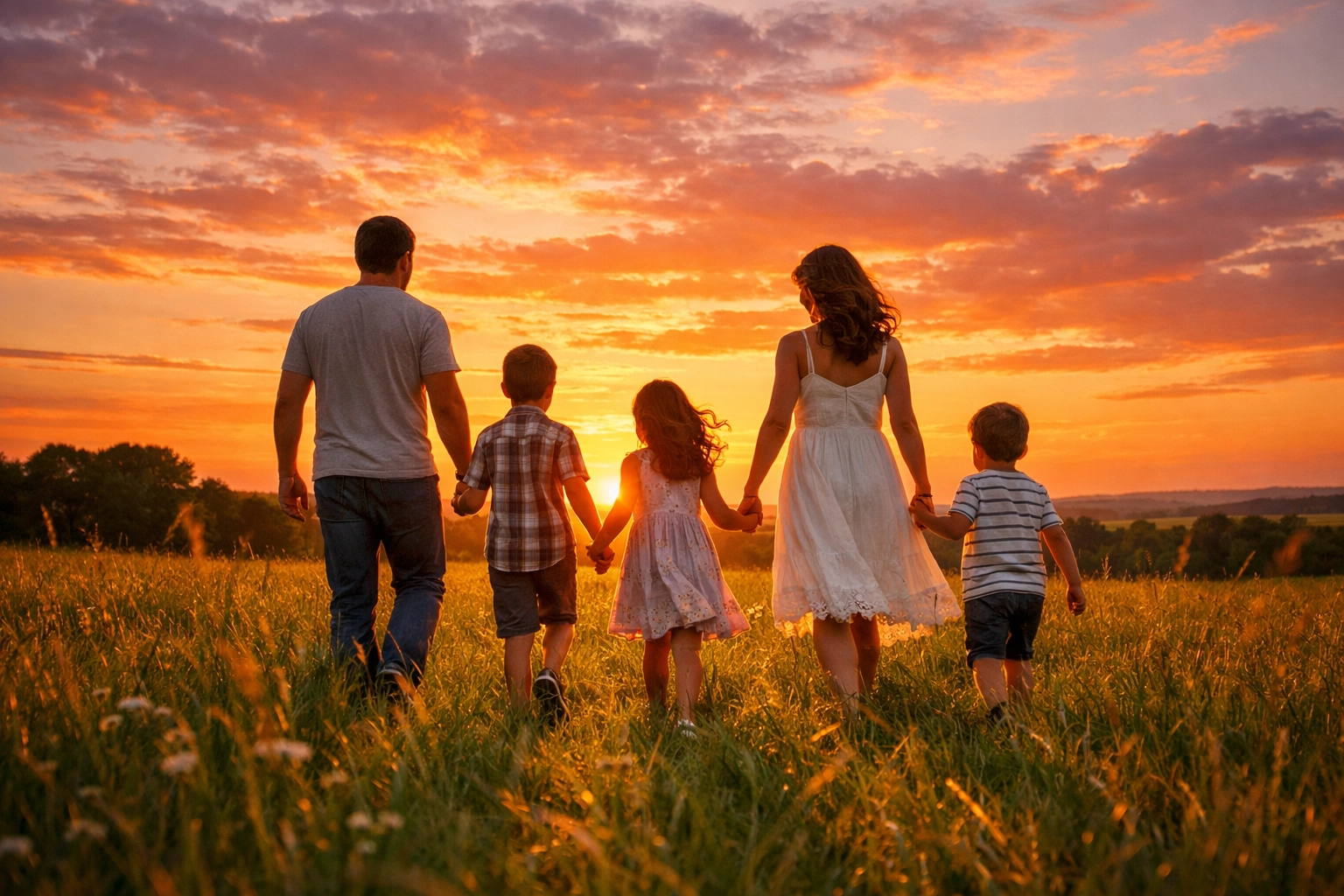 Happy family walking in a sunset meadow representing a balanced lifestyle and personal development.