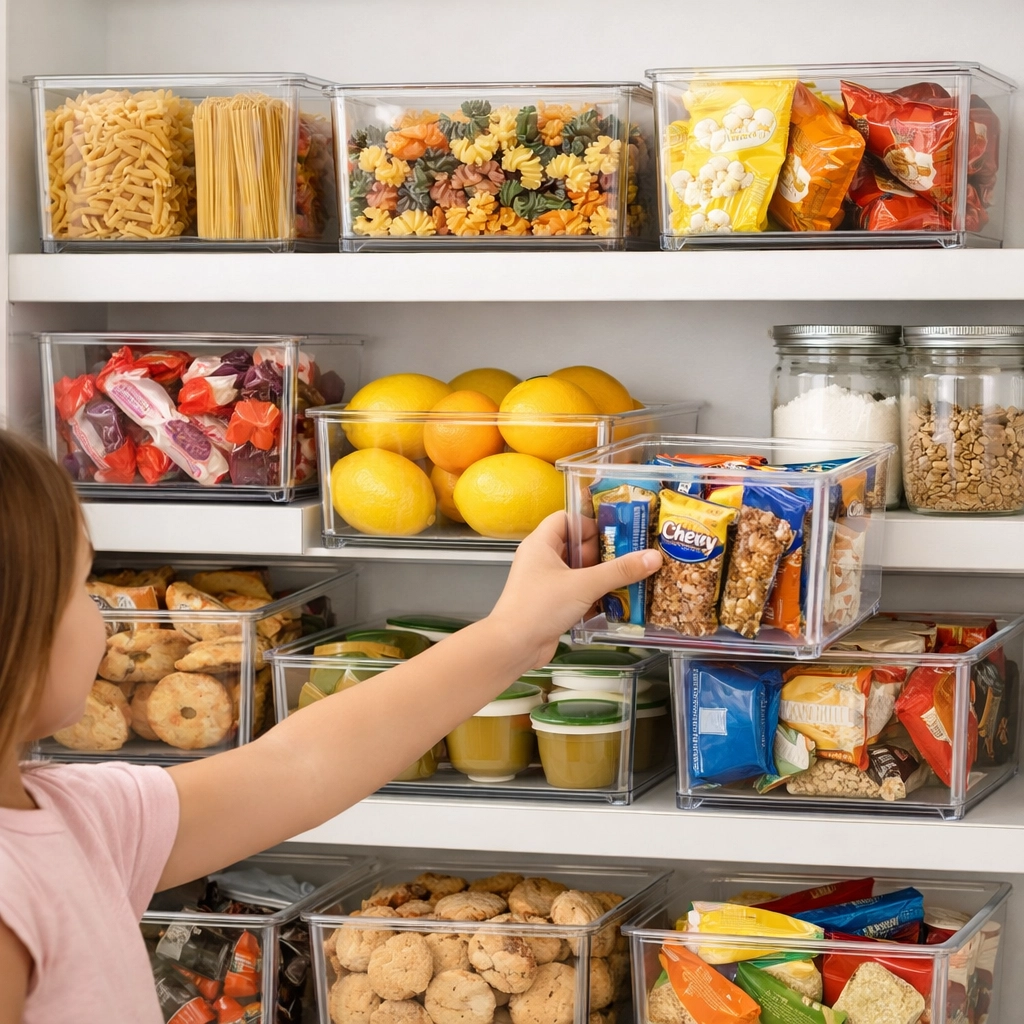 Organized kitchen pantry using clear acrylic storage bins for visible and easy food access.