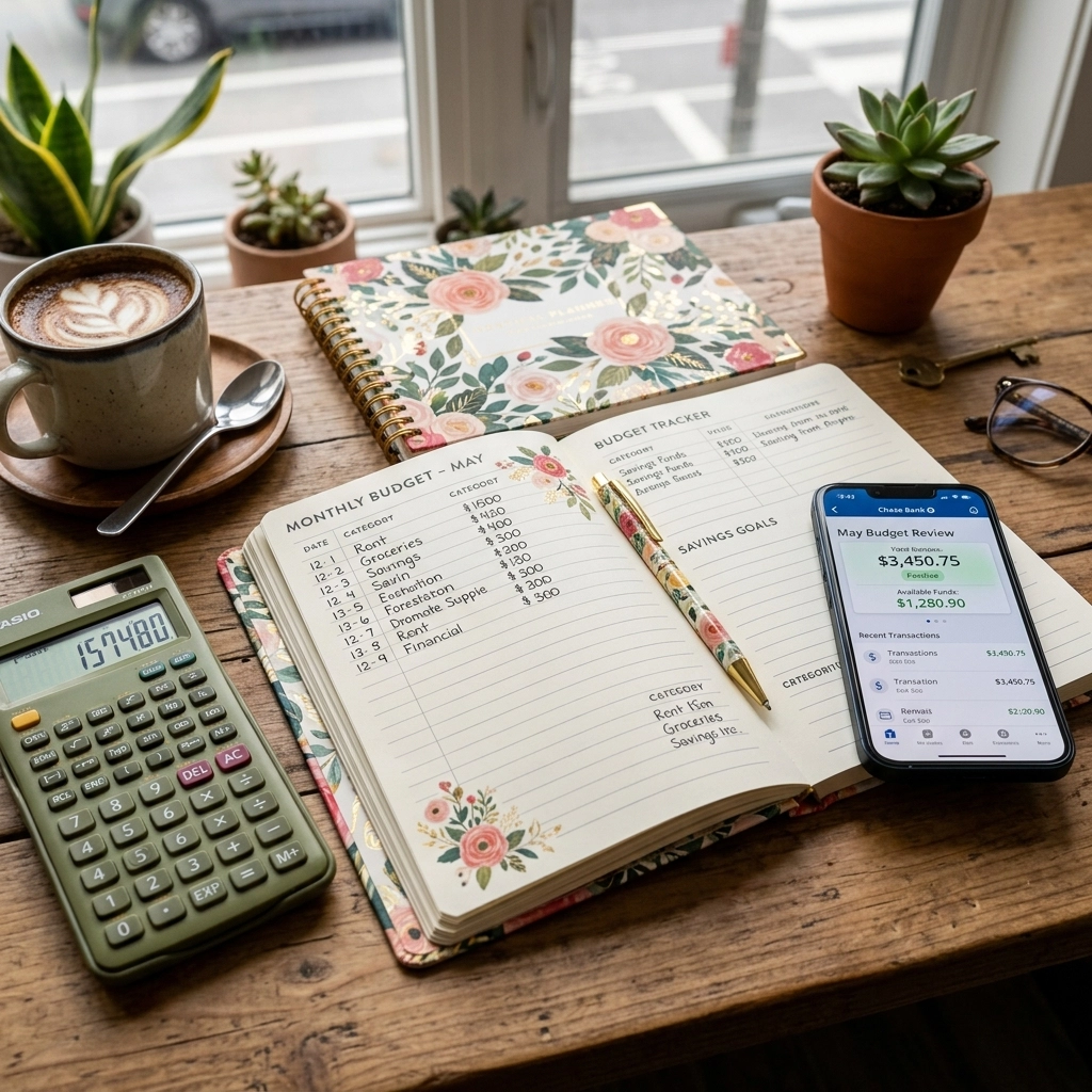 A close-up shot of a beautiful, open floral-designed physical planner on a desk next to a calculator and a cup of coffee. Beside it is a smartphone showing a banking app with a positive balance.
