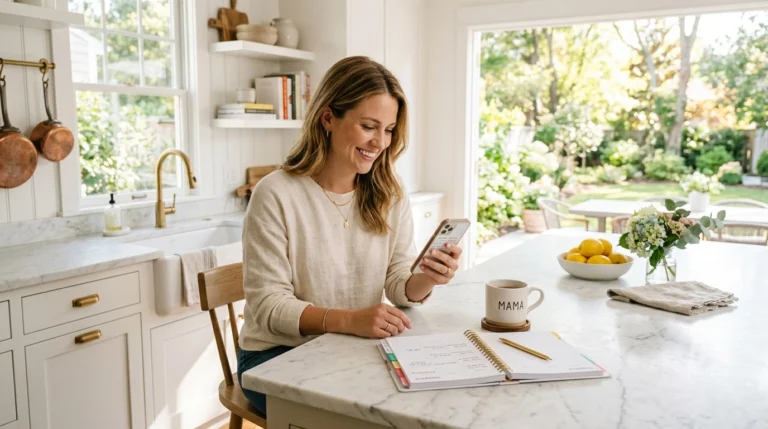 A woman sits at a bright kitchen counter, smiling at her phone. A mug labeled MAMA, an open planner, and a vase of flowers are on the counter. Sunlight streams in through large windows, revealing a lush garden outside.