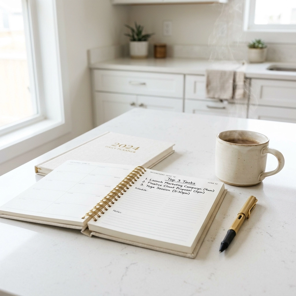 A close-up shot of a beautiful daily planner sitting on a clean white kitchen counter. Beside it is a steaming cup of coffee and a pen. The words 'Top 3 Tasks' are visible on the page.