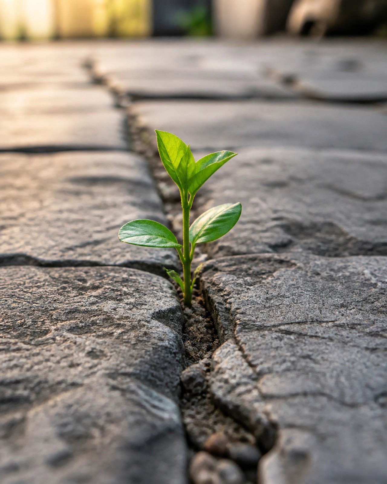 A green plant sprout growing out of a crack in a stone walkway