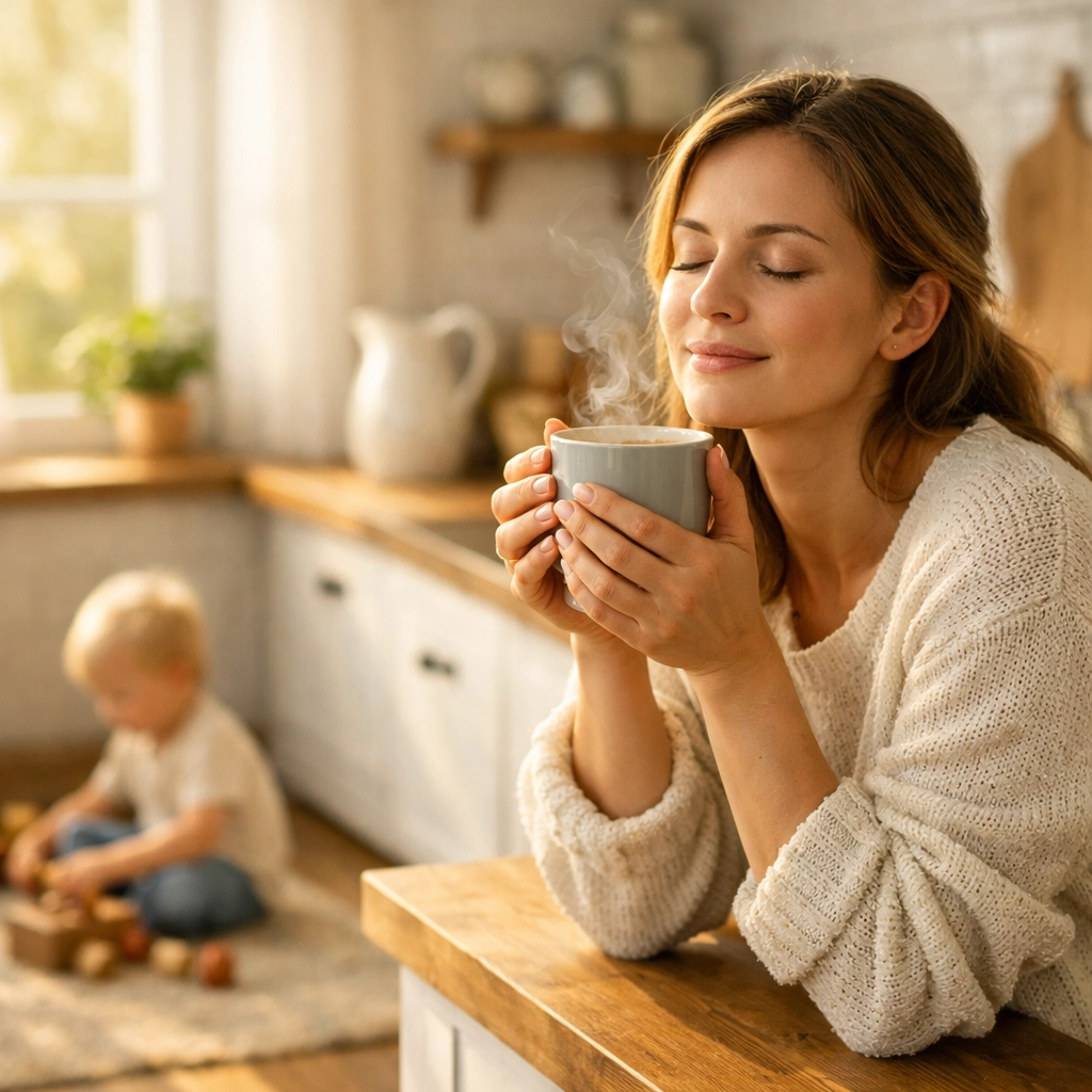 A mother practicing self care for women by mindfully drinking morning coffee in a peaceful kitchen.