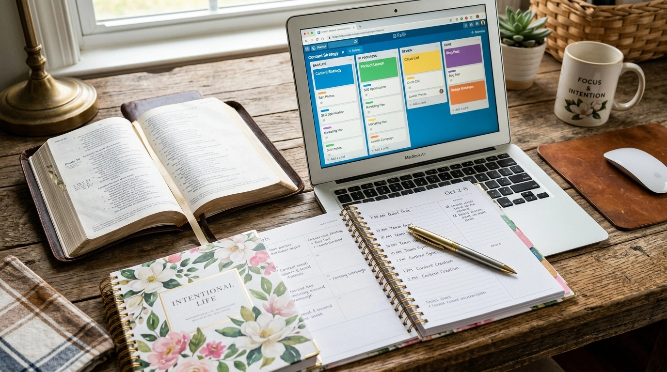 Organized workspace with planner and laptop