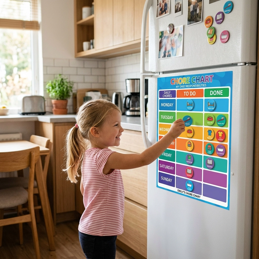 Vibrant magnetic responsibility chart on a refrigerator