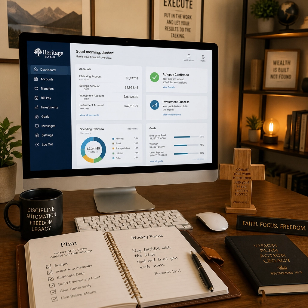 An organized home office setup showing financial automation