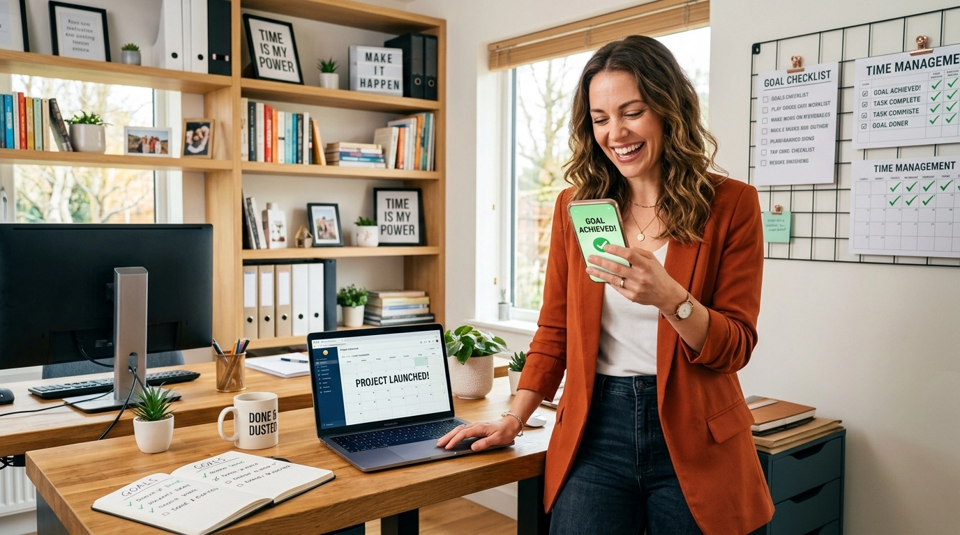 A high-energy, motivational scene of a woman looking at her phone with a look of accomplishment. She is in a well-organized home office.