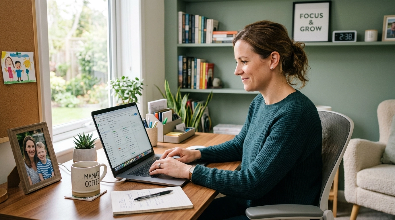 A focused single mom working at her home office