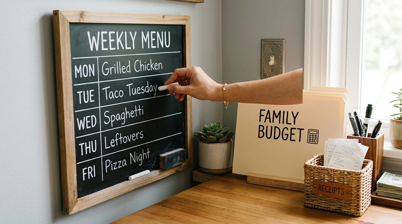 A close-up of a meal planning and budget station in a command center.