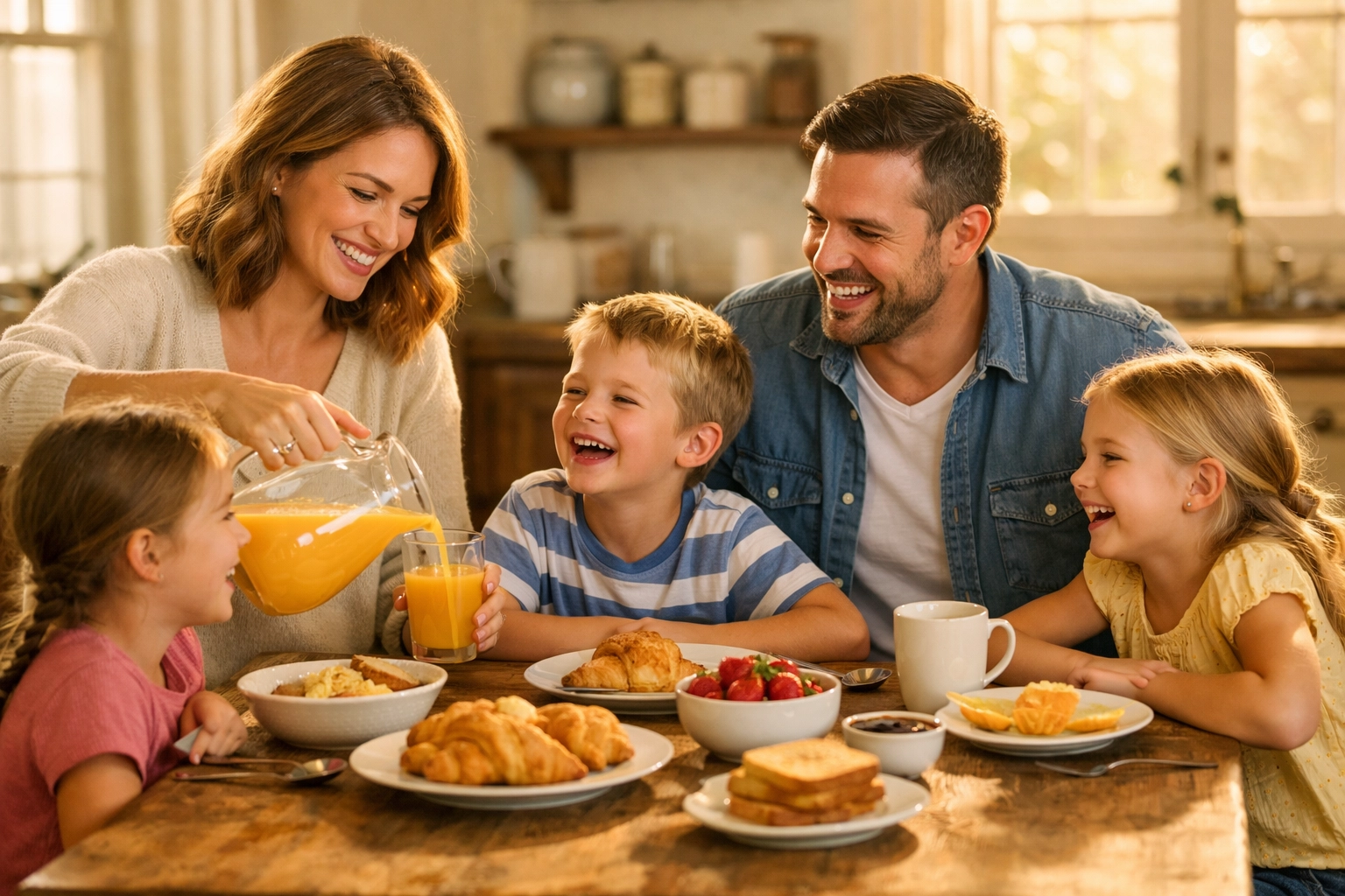 Happy family eating breakfast together, practicing intentional parenting habits for connection.