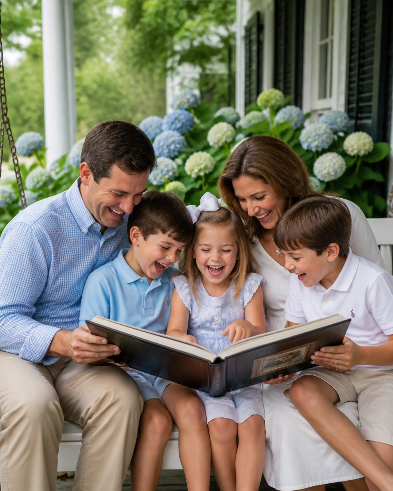 A traditional Christian family laughing together on a porch, passing down stories and legacy