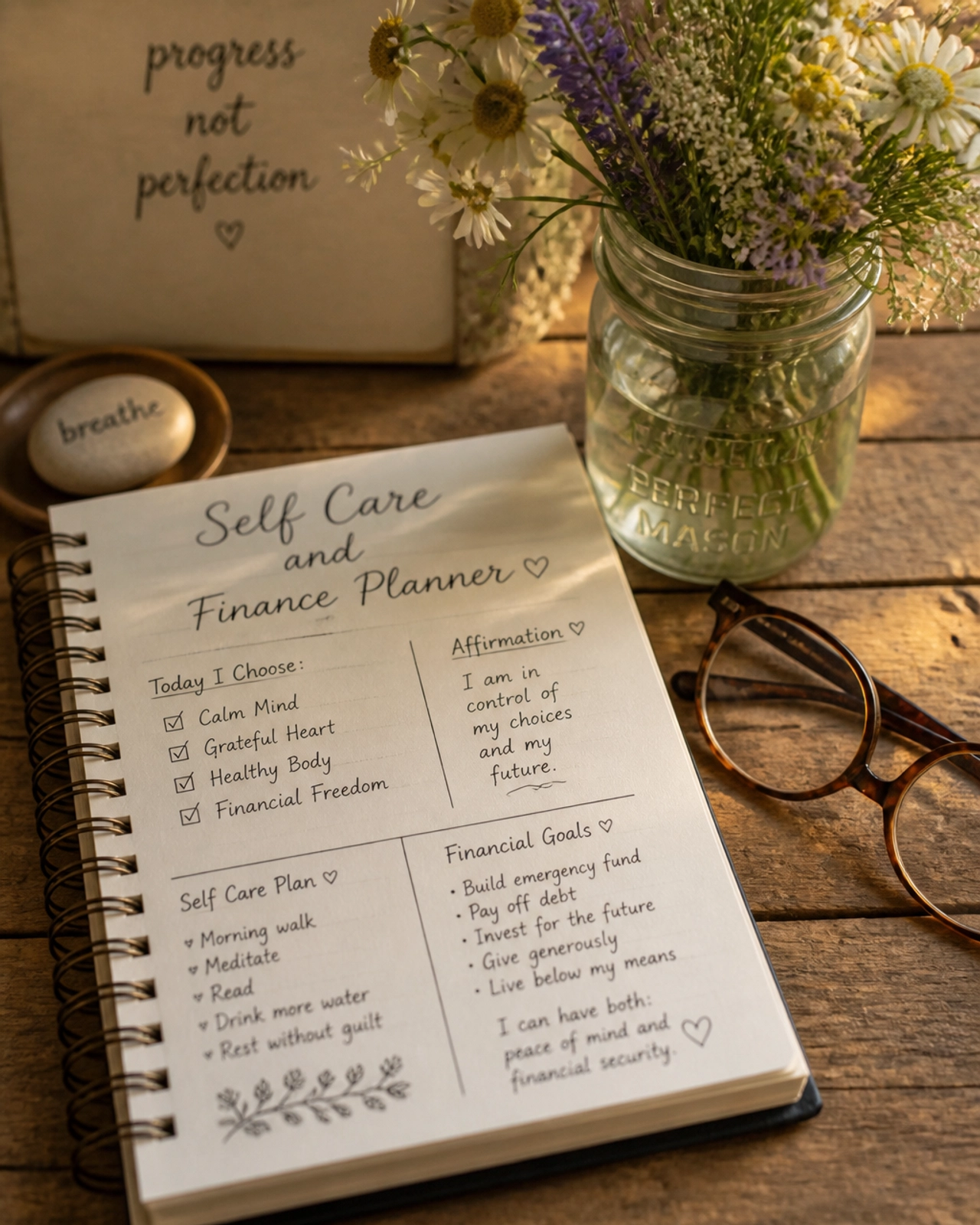 Detailed shot of the Self Care and Finance Planner on a table.