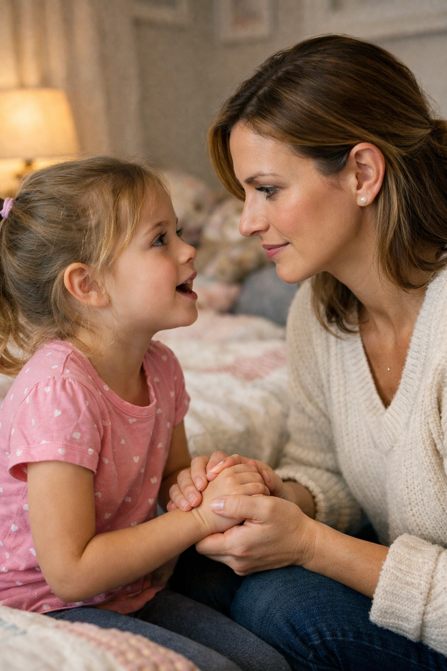 Mother and daughter talking in a bedroom, practicing intentional parenting through connection and listening.