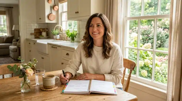 A woman sits at a wooden kitchen table, smiling as she writes in a planner. There’s a mug, a glass of water, and a small vase of flowers on the table. Sunlight streams through large windows behind her.