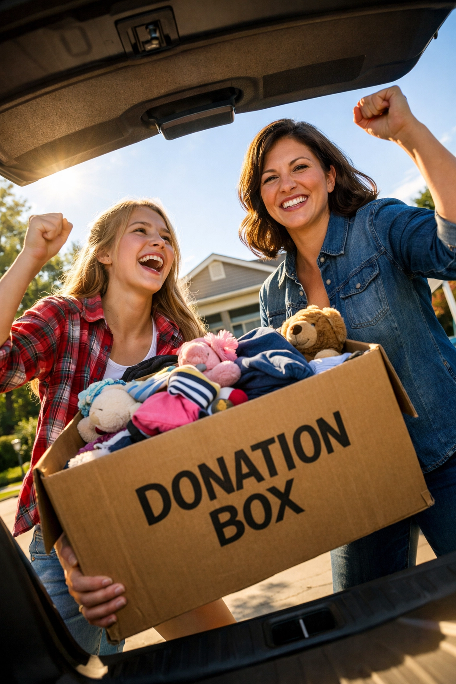 A mother and daughter loading donation boxes into a car to declutter and save money.