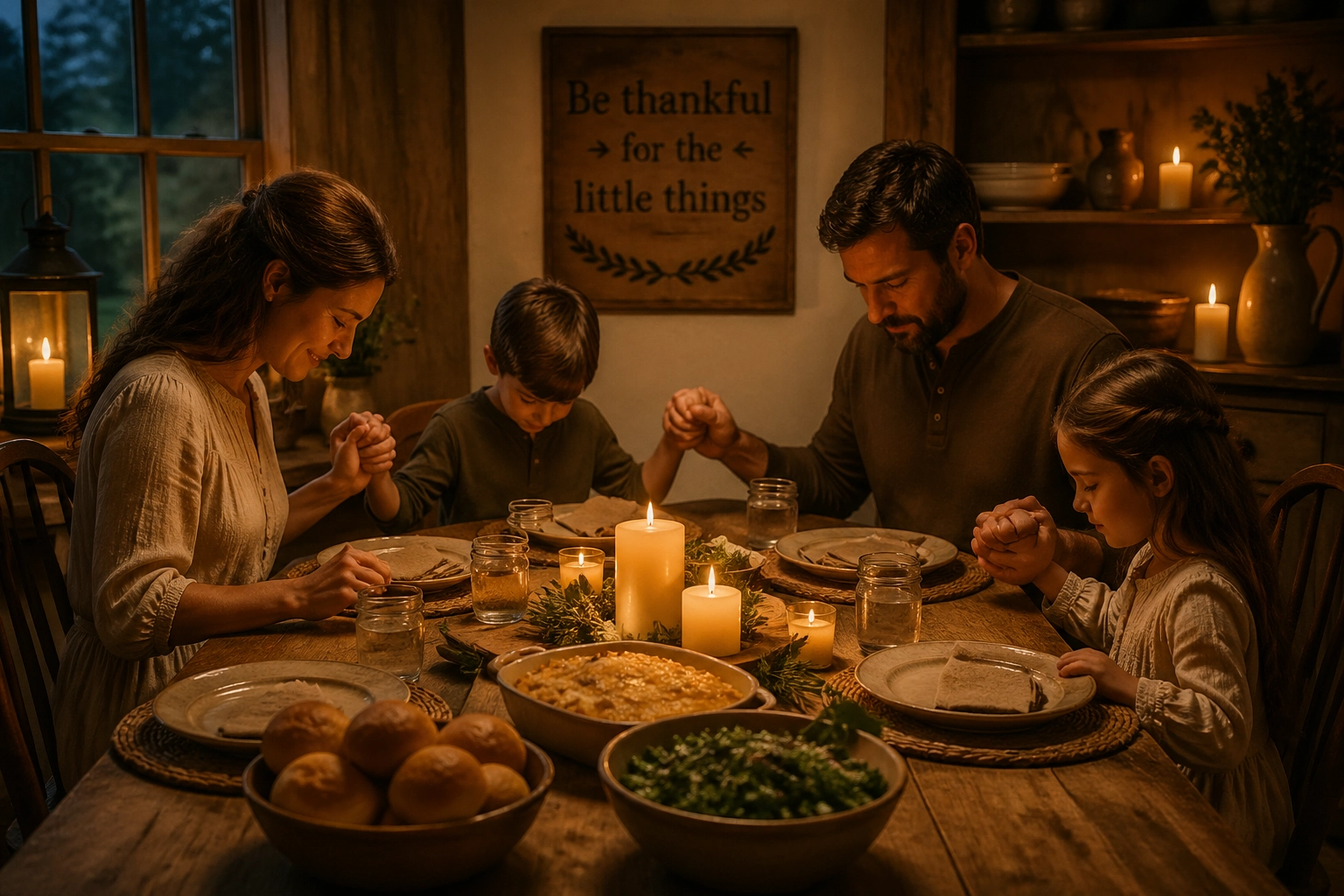 A traditional family holding hands and saying grace before a peaceful meal at a rustic dining table, showing the result of a well-managed schedule.