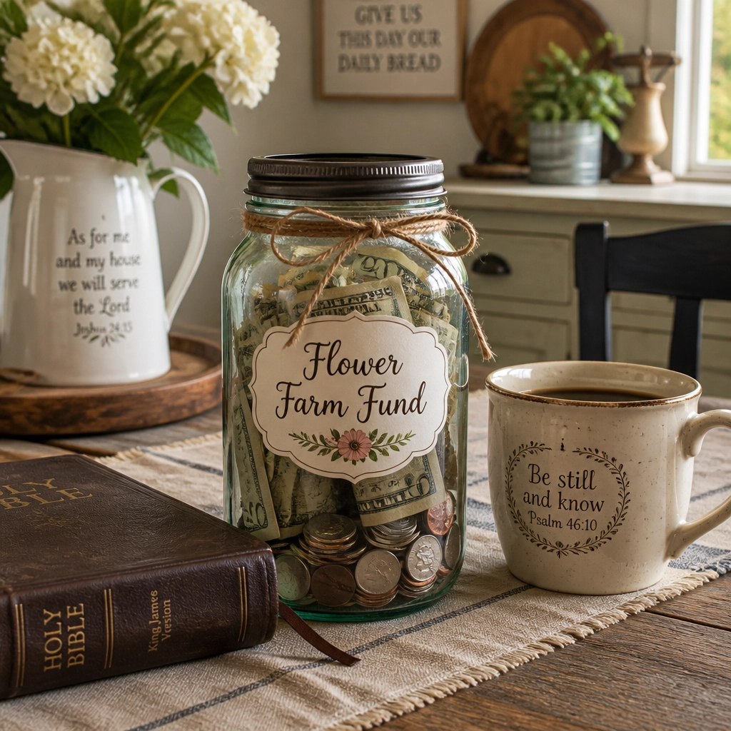 A decorative glass jar labeled 'Flower Farm Fund' filled with cash and coins on a rustic table