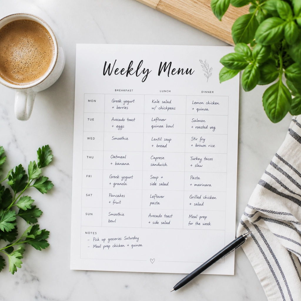 A close-up of a weekly meal planner on a kitchen counter