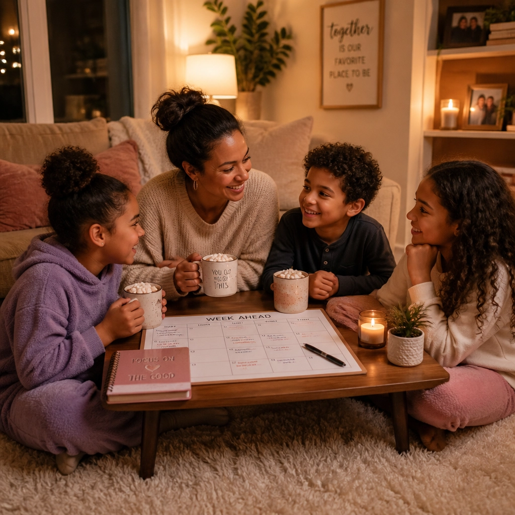 A mother and her children having a cozy family huddle to plan their week