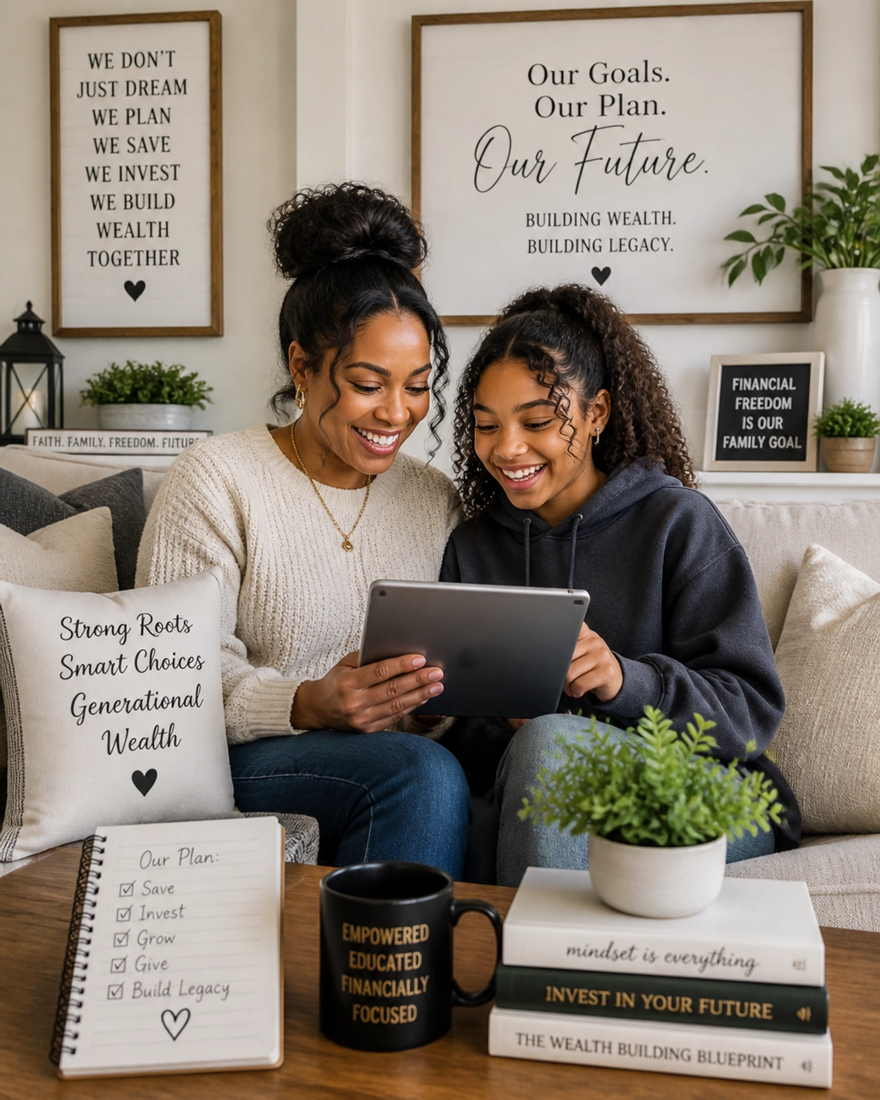 A single mom and her daughter looking at a tablet together, smiling and planning their future.