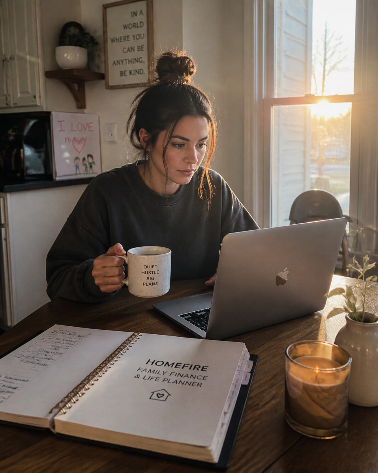 A dedicated mom working early in the morning with her finance planner, focused on building her future.