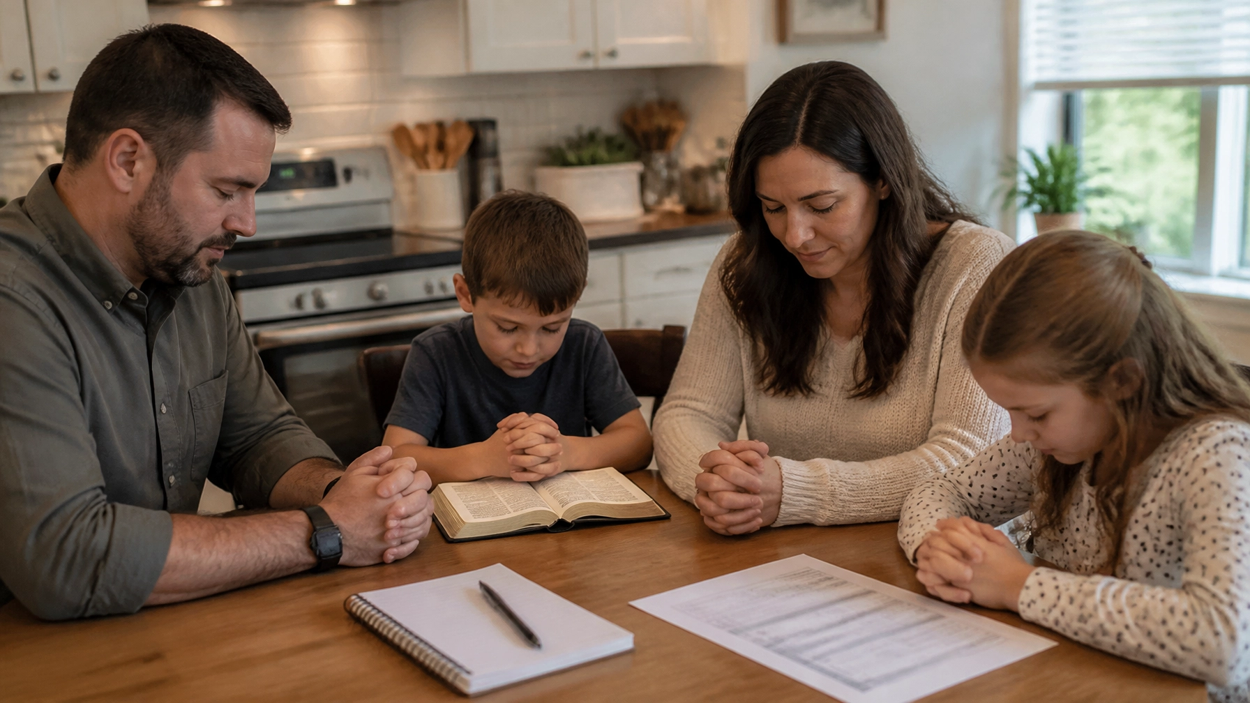 A traditional Christian family gathered around a kitchen table in a peaceful moment, with a notebook and budget sheet nearby, reflecting family values and financial peace.