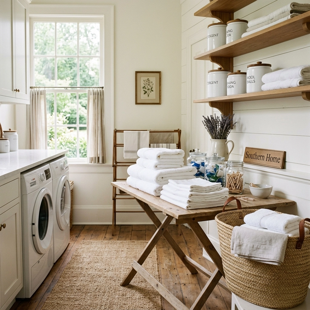 A beautifully organized laundry room with stacks of perfectly folded towels and linens.