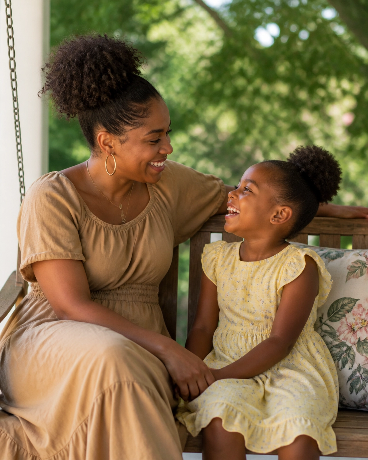 A single mother and daughter sharing a connection on a porch swing