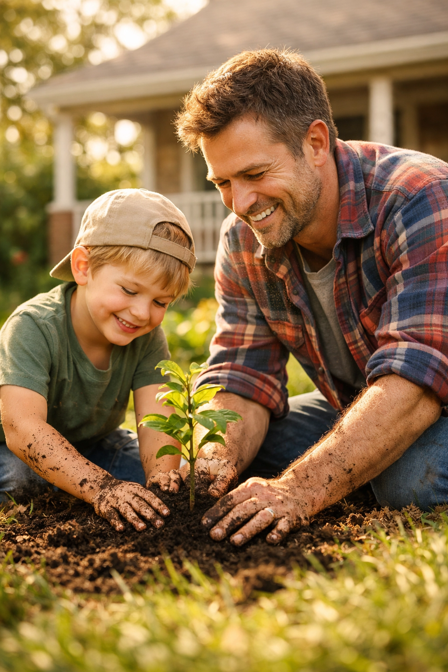 Father and son planting a tree, demonstrating intentional parenting and preparing for the future.