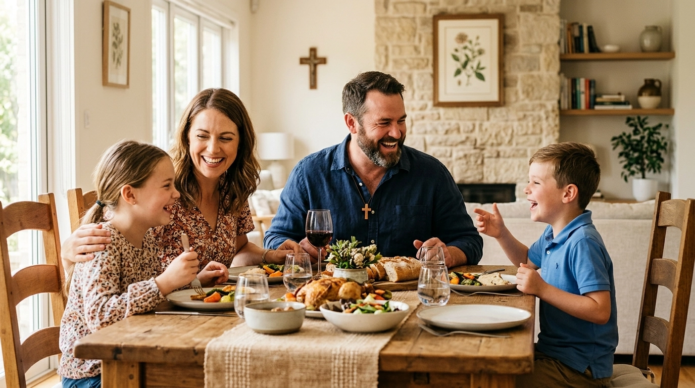 A family of four sits at a wooden dining table, smiling and laughing together while enjoying a meal in a bright, cozy dining room with natural light and homey decor.