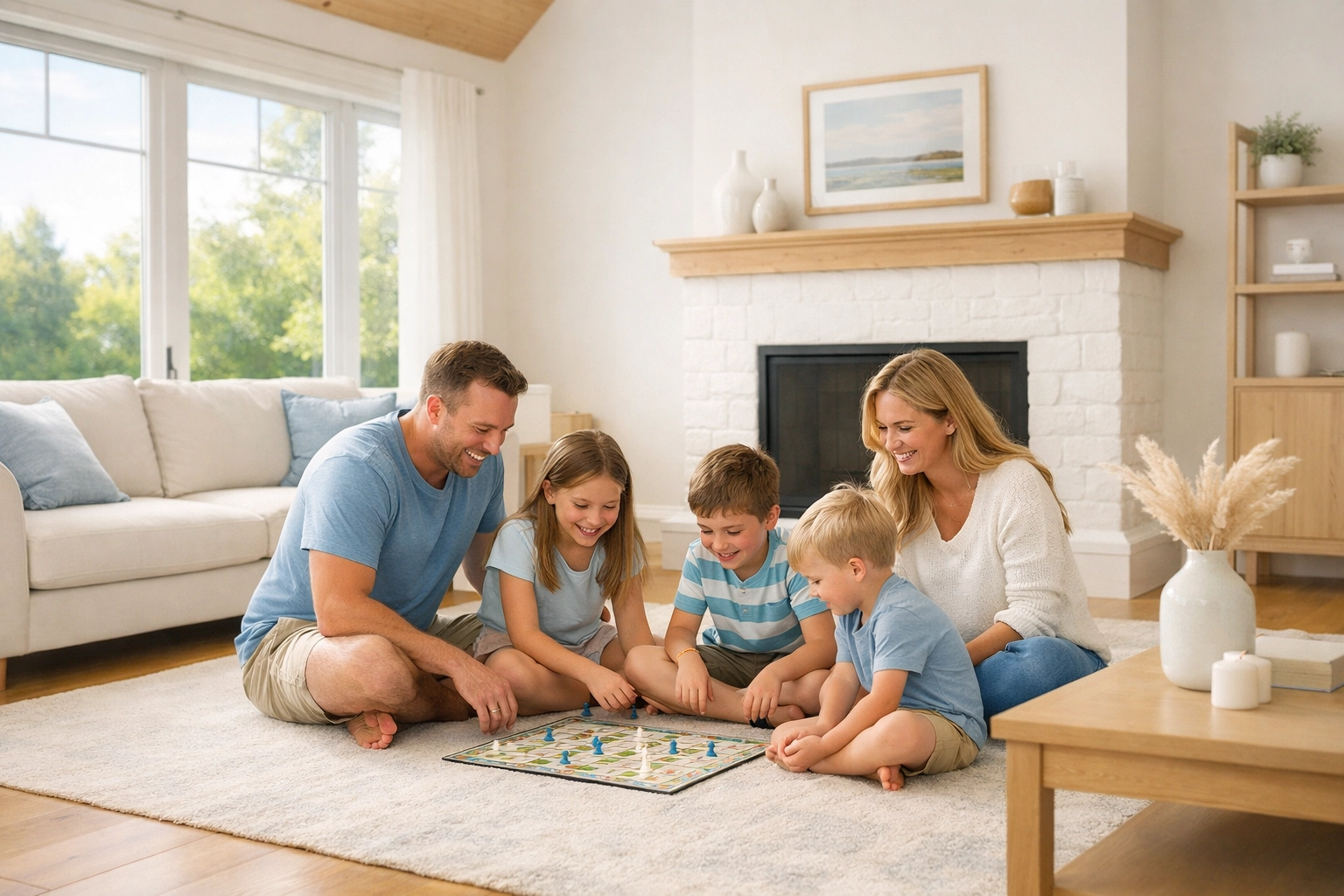 A family bonding in a clutter-free home after using home organization tips.