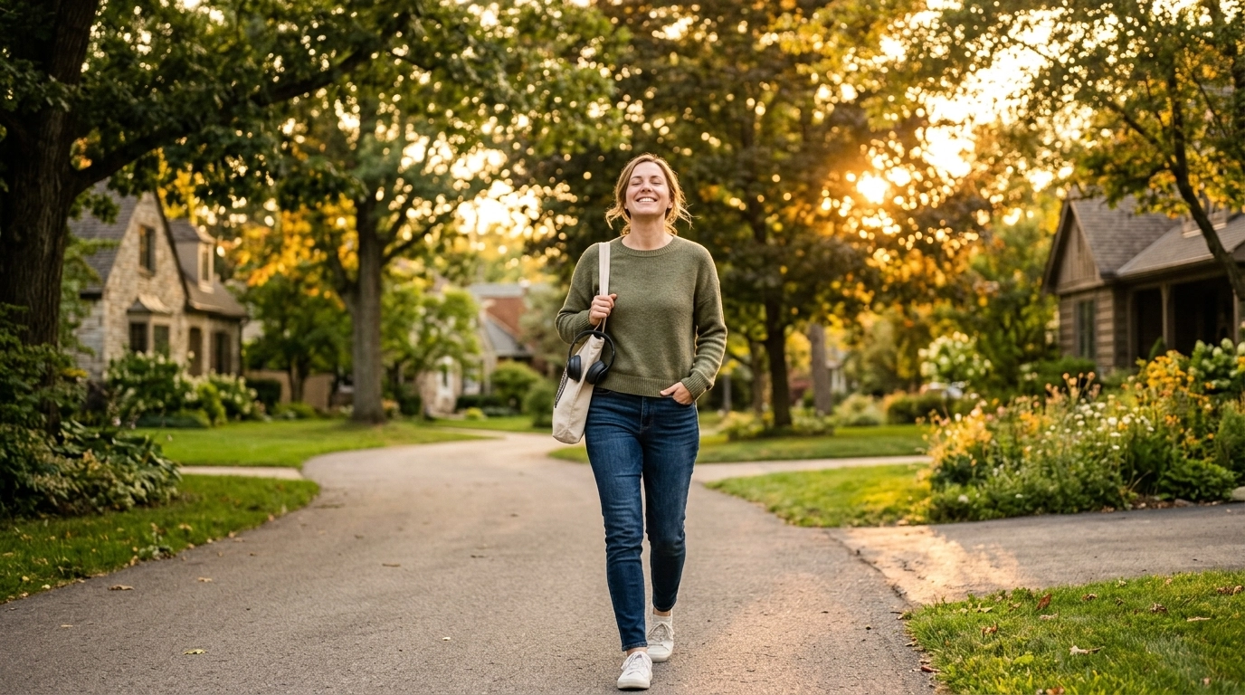 A woman taking a deep breath during a sunset walk, representing a digital commute.