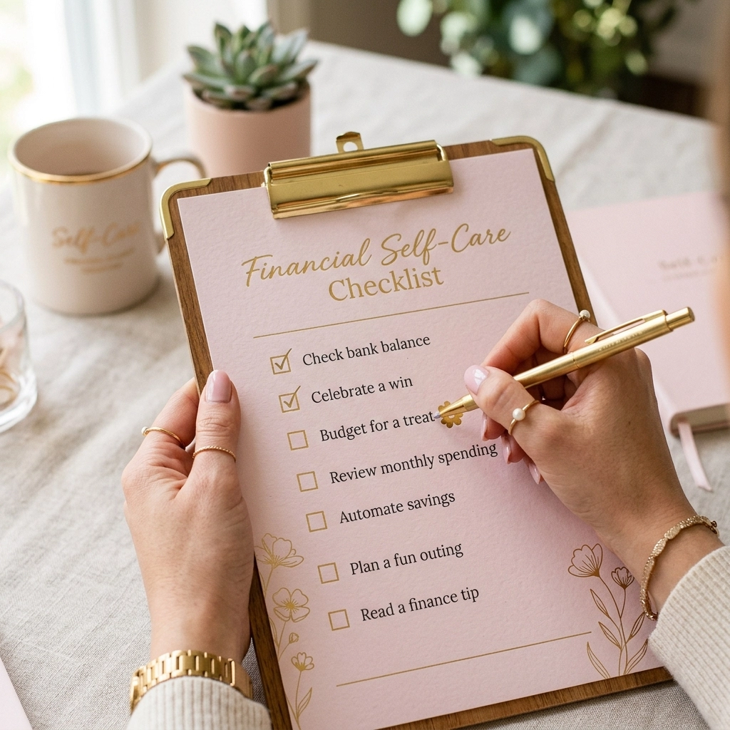 Financial self-care checklist on a clipboard