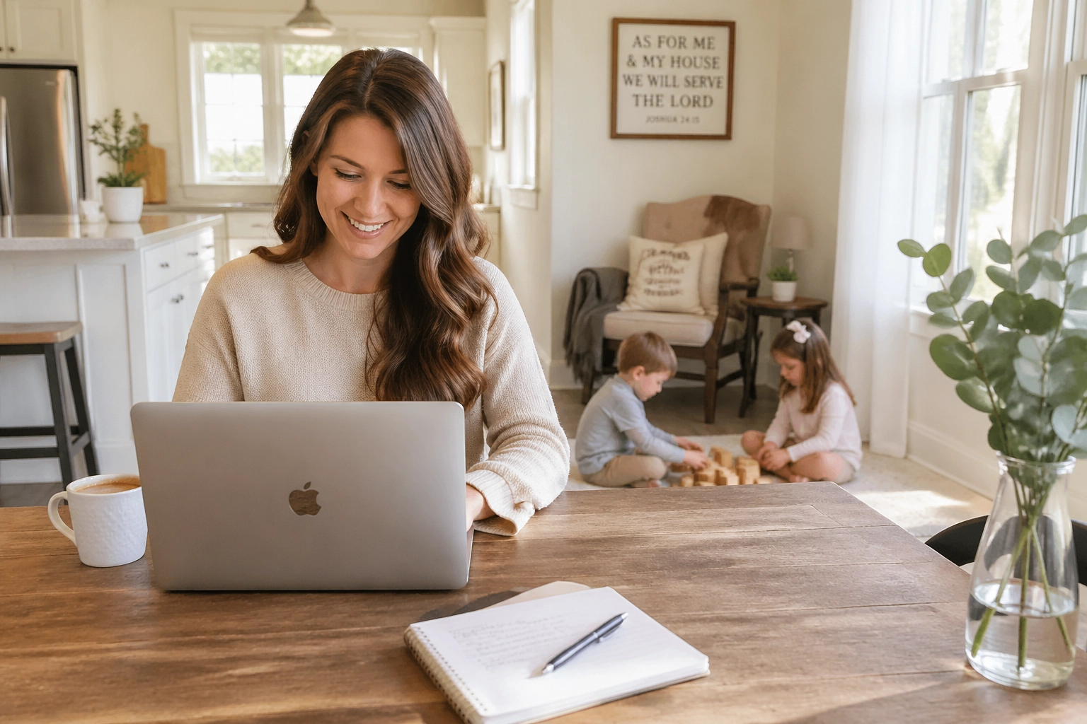 Busy mom working at home with children playing
