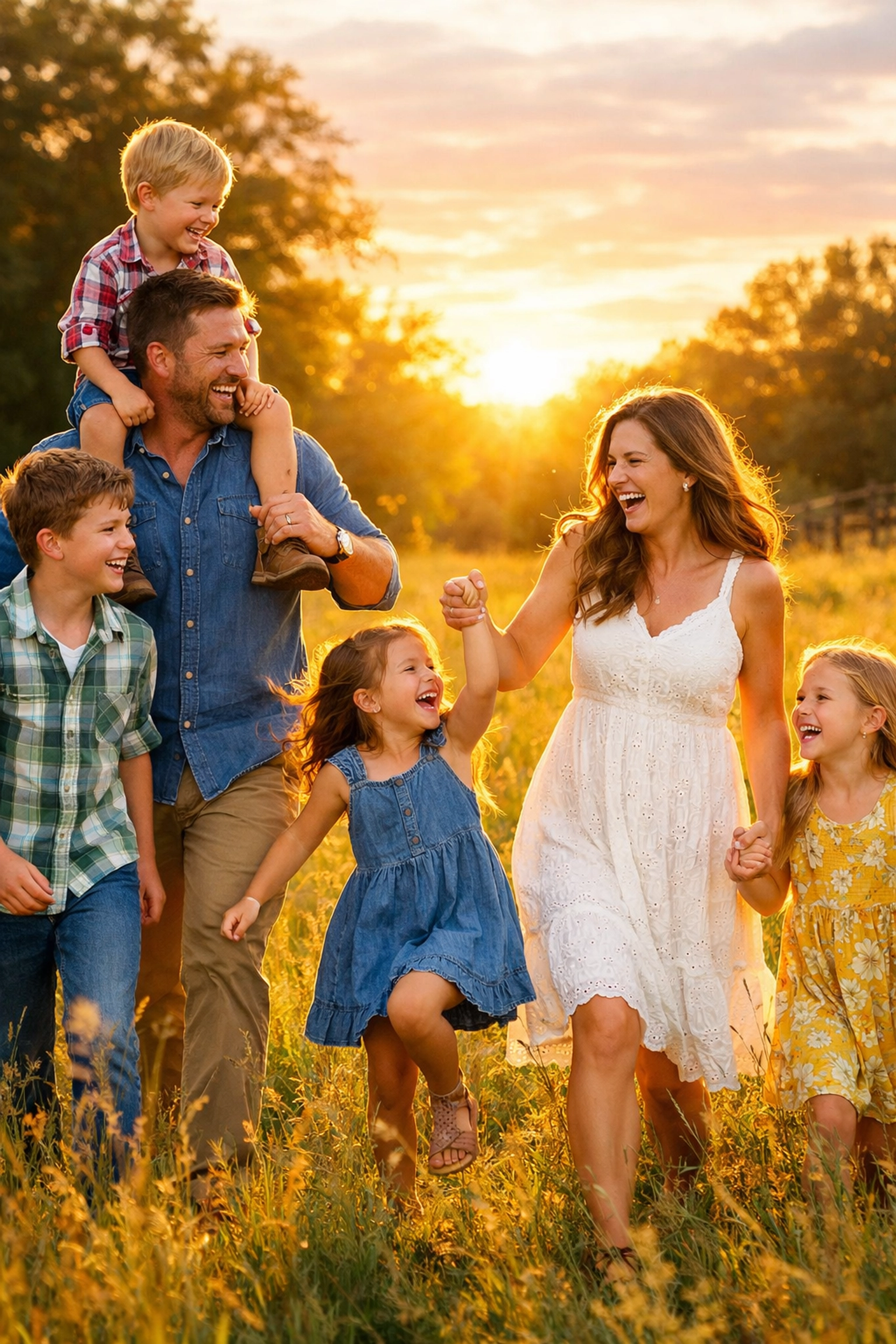 Happy family walking together at sunset, celebrating a joyful intentional parenting lifestyle.