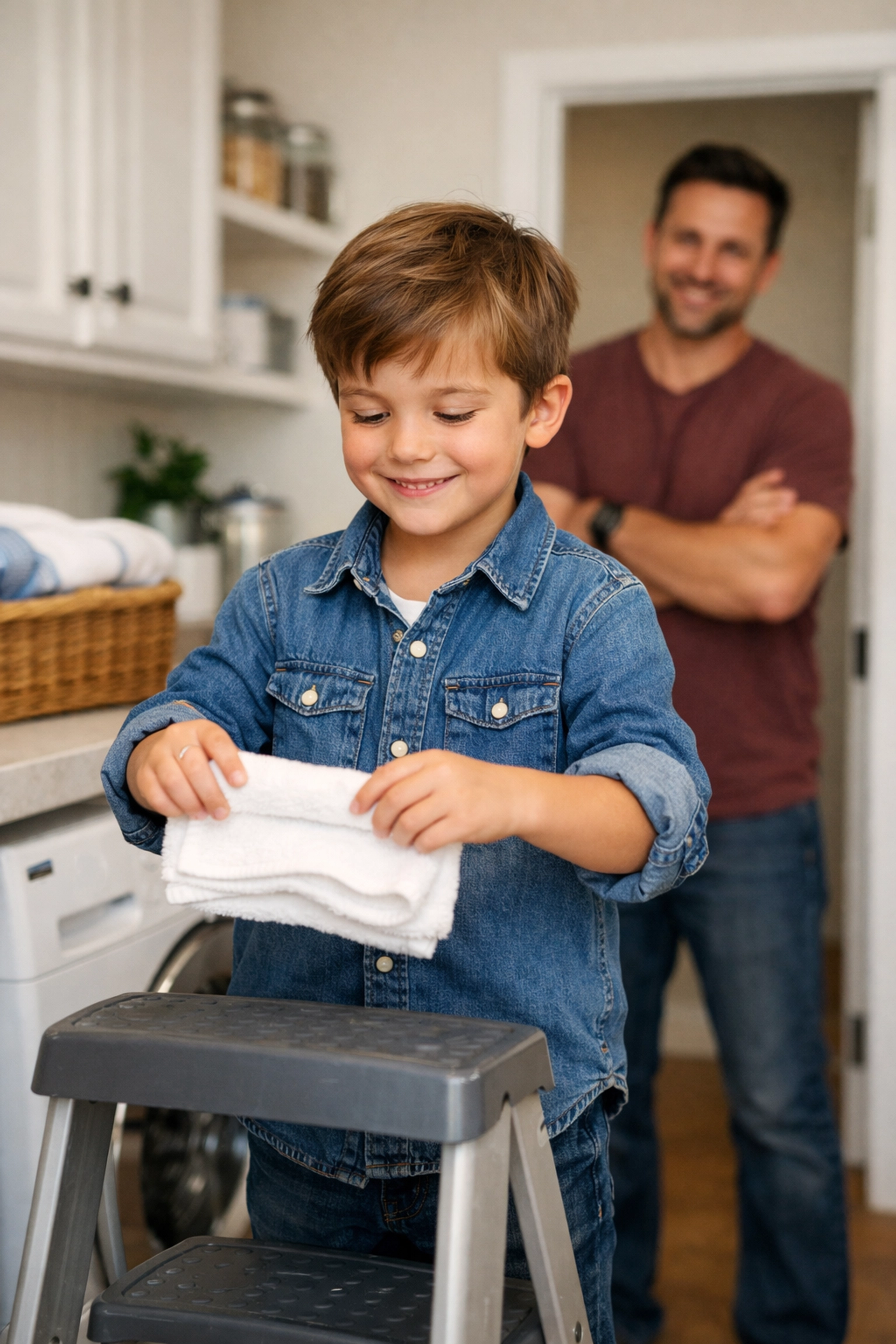 Young boy folding laundry as his father practices intentional parenting and teaching responsibility.