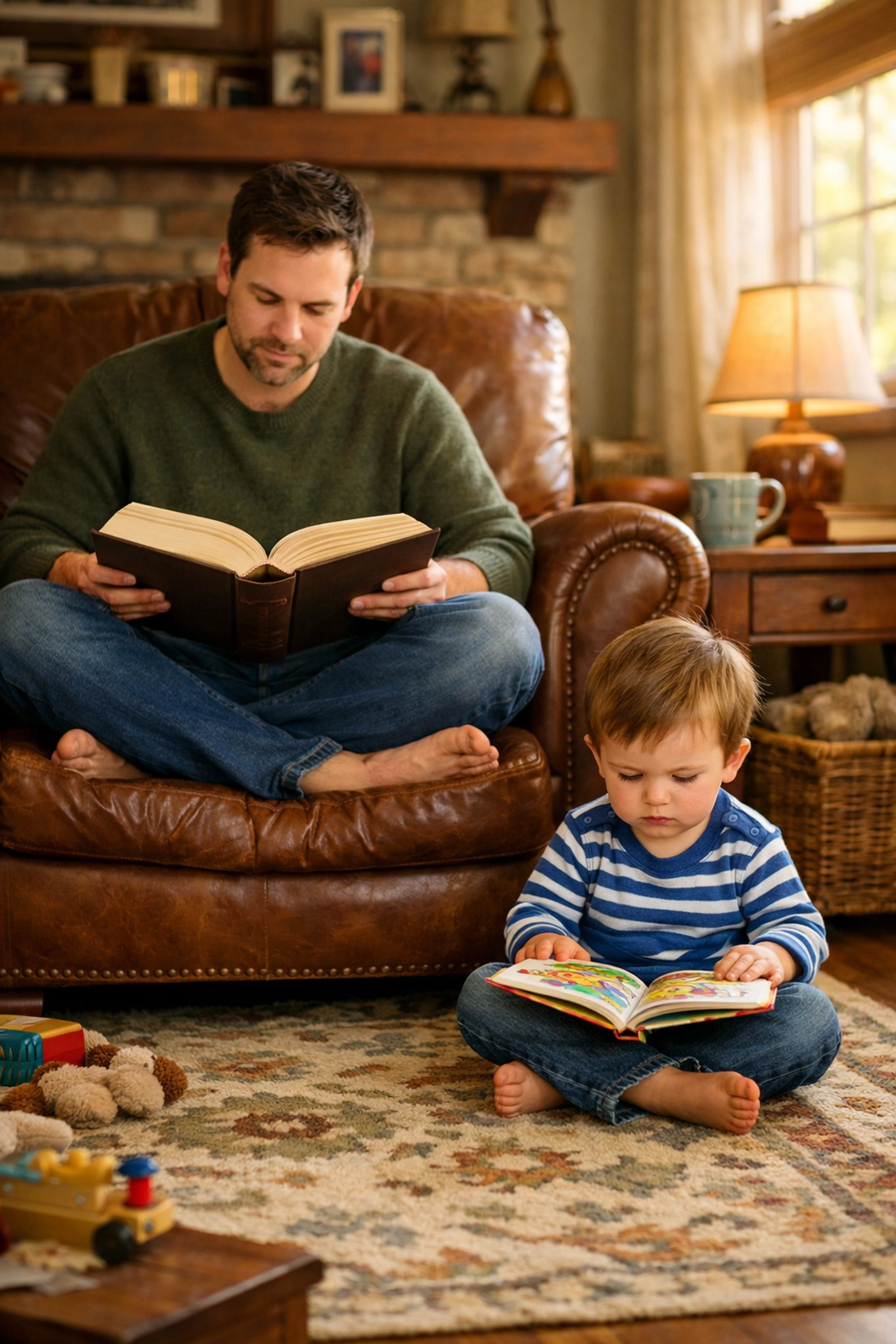 Father and son reading books together, modeling positive behavior through intentional parenting.