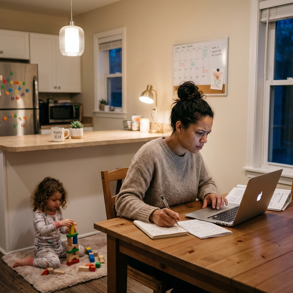 Determined single mom working at a kitchen table