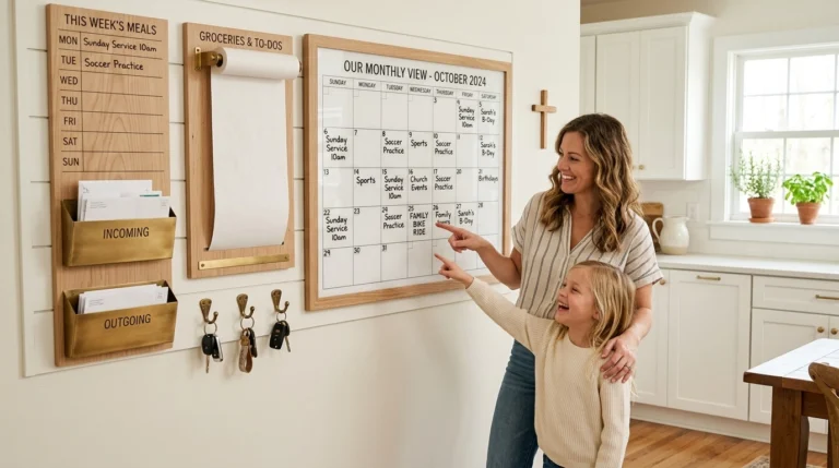 A woman and a child smile while pointing at a large wall calendar in a bright kitchen. The wall also features an organizer with mail slots, hooks, and a notepad, suggesting an organized family space.