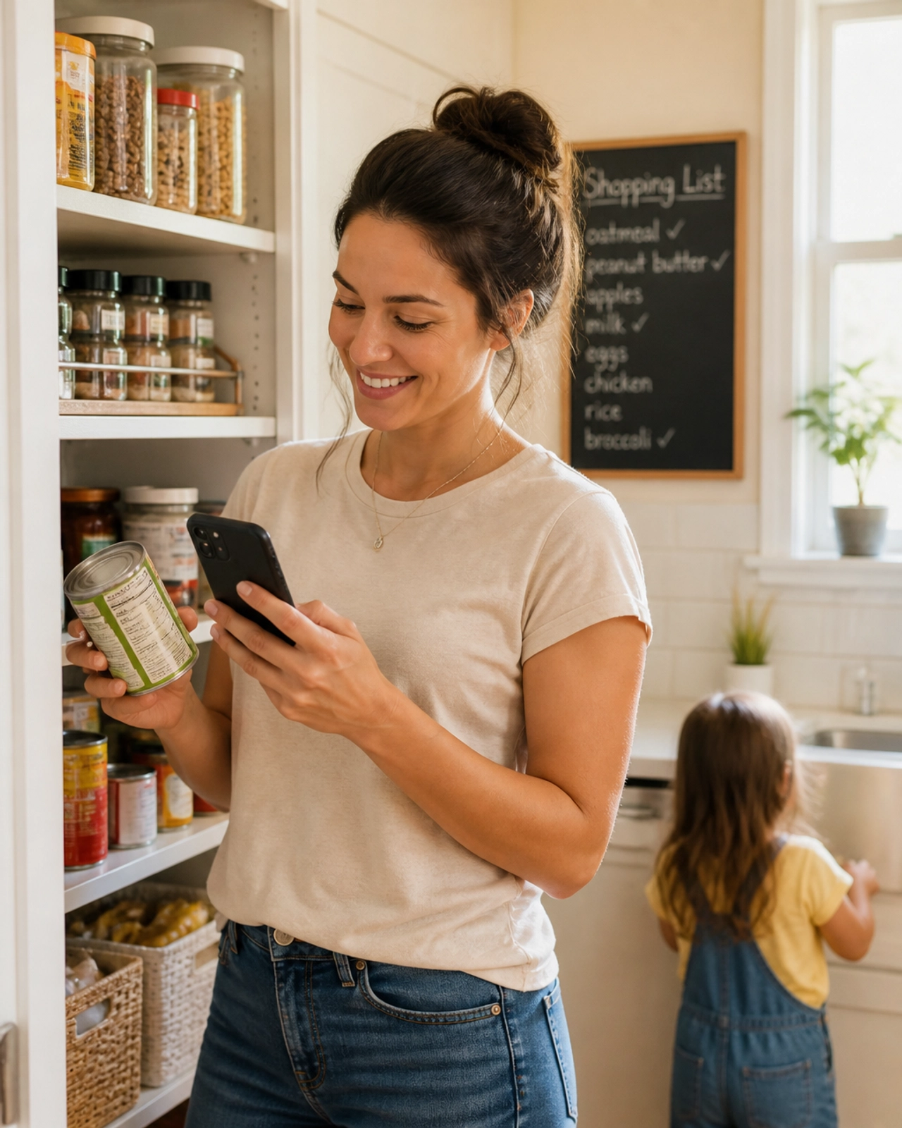 A single mother happily organizing her pantry and marking items off a list, looking empowered.