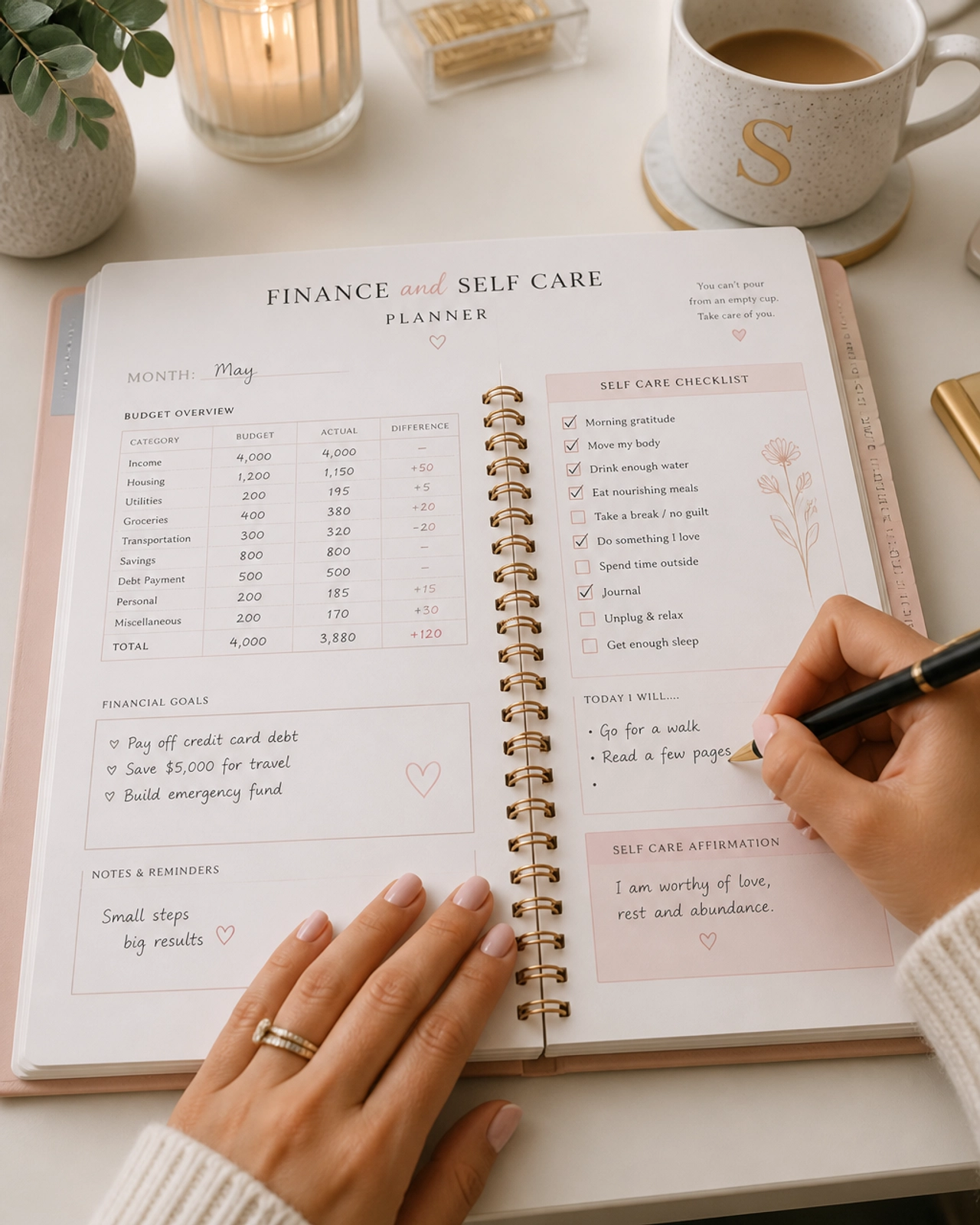 Finance and Self Care Planner on a desk